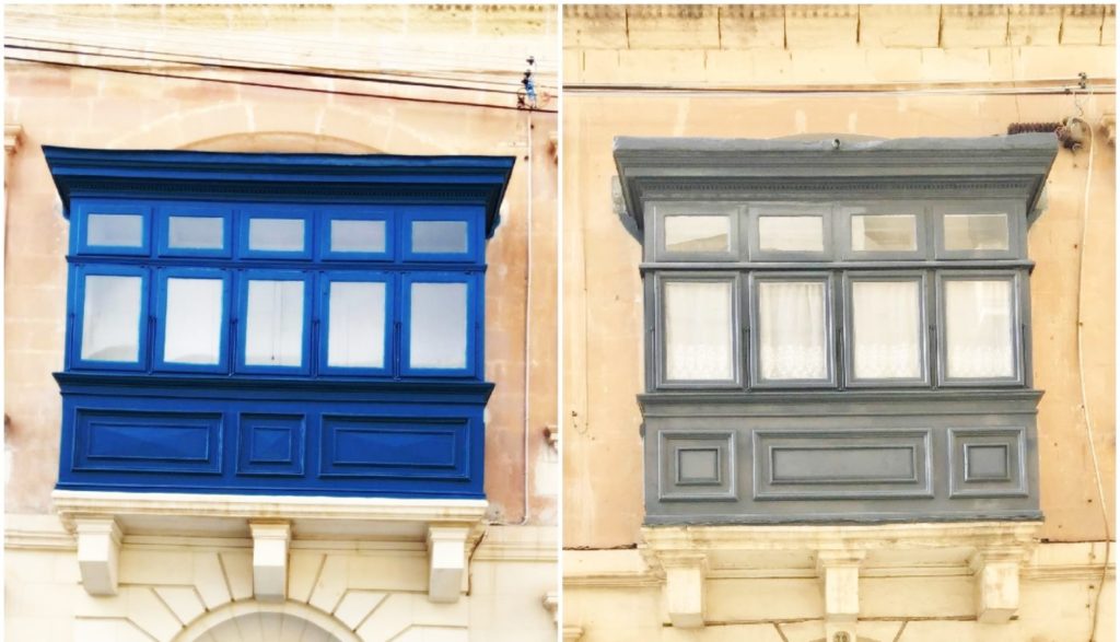 Kolorowe, zamkniete balkony w Maltańskich kamienicach